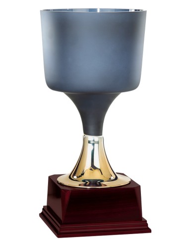 Coupe Prestige Verre hauteur 46cm. Coupe Bicolore "BELGRADE" : Coupelle Gris Bleu en Verre - Pied de coupe Doré en Verre - Base en Bois