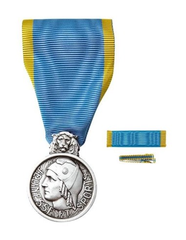 Médaille d’Honneur de la Jeunesse et des Sports, échelon Argent en bronze argenté. Fixe ruban et barrette dixmude en option.