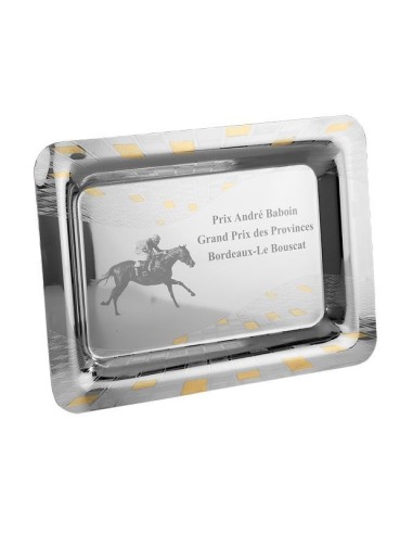 Plateau Rectangulaire en métal : Finition argent avec motifs dorés. Dimension : 40 x 28 cm